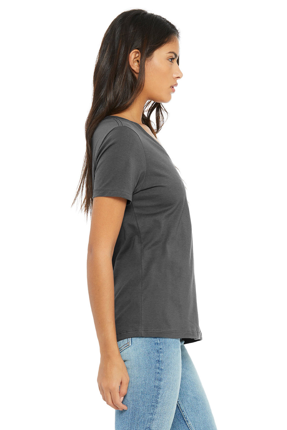 Bella + Canvas BC6405/6405 Womens Relaxed Jersey Short Sleeve V-Neck T-Shirt Asphalt Grey Model Side