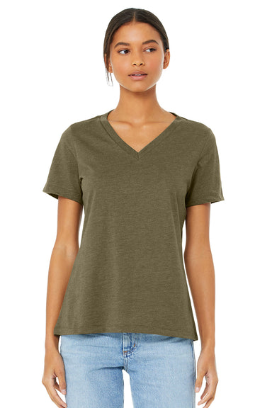 Bella + Canvas BC6405CVC Womens CVC Short Sleeve V-Neck T-Shirt Heather Olive Green Model Front