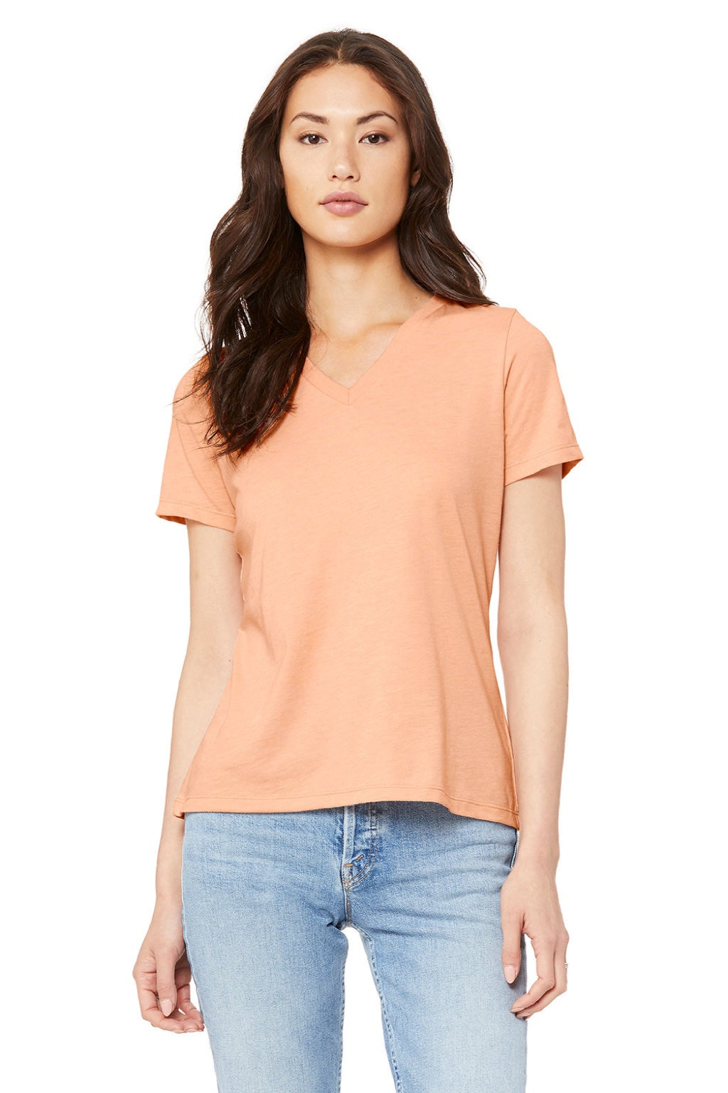 Bella + Canvas BC6405CVC/6405CVC Womens CVC Short Sleeve V-Neck T-Shirt Heather Peach Model Front