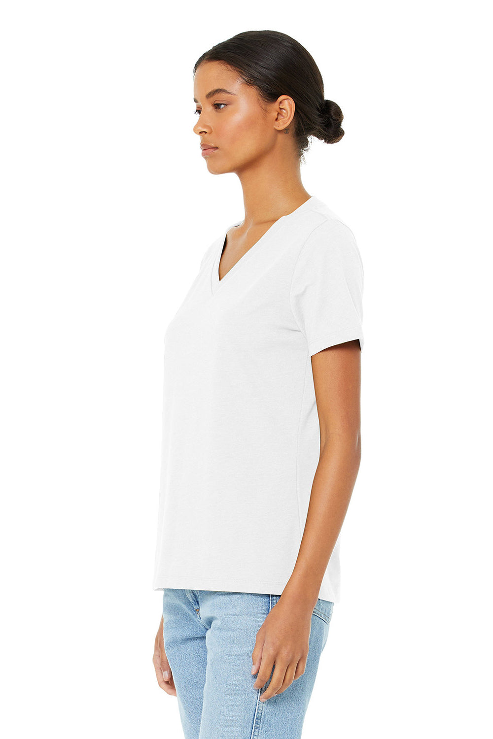 Bella + Canvas BC6405CVC Womens CVC Short Sleeve V-Neck T-Shirt Solid White Model 3Q