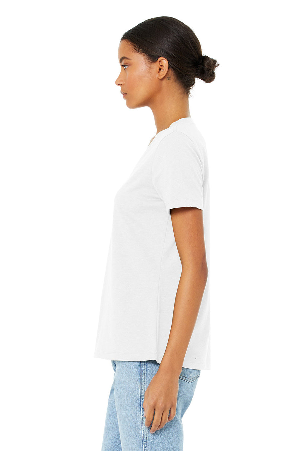 Bella + Canvas BC6405CVC Womens CVC Short Sleeve V-Neck T-Shirt Solid White Model Side