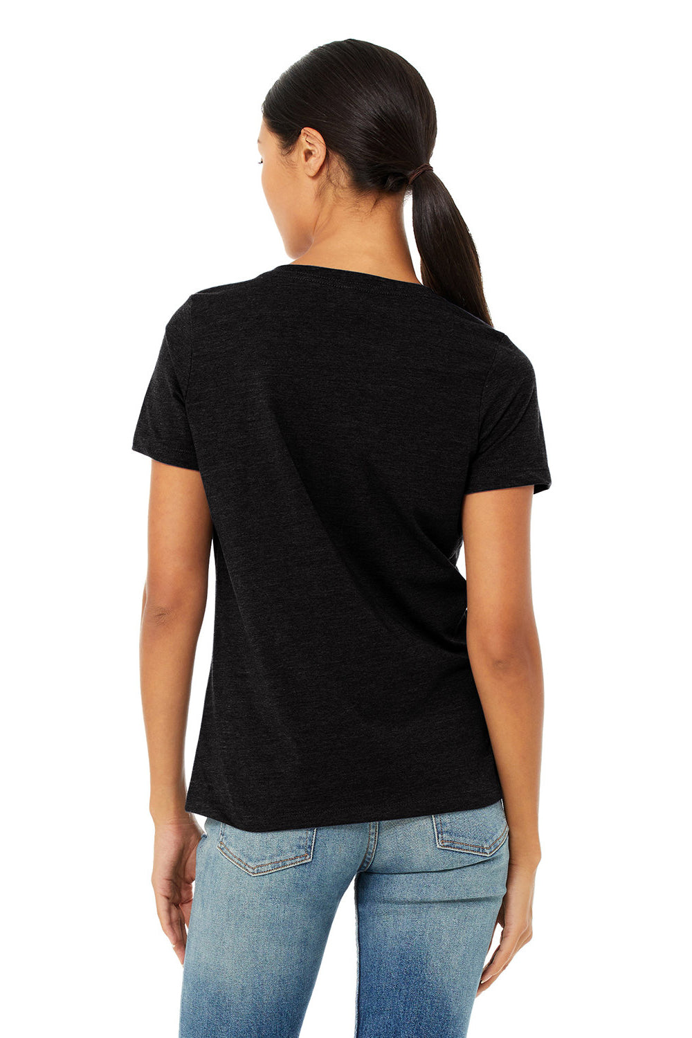 Bella + Canvas BC6405CVC Womens CVC Short Sleeve V-Neck T-Shirt Solid Black Model Back