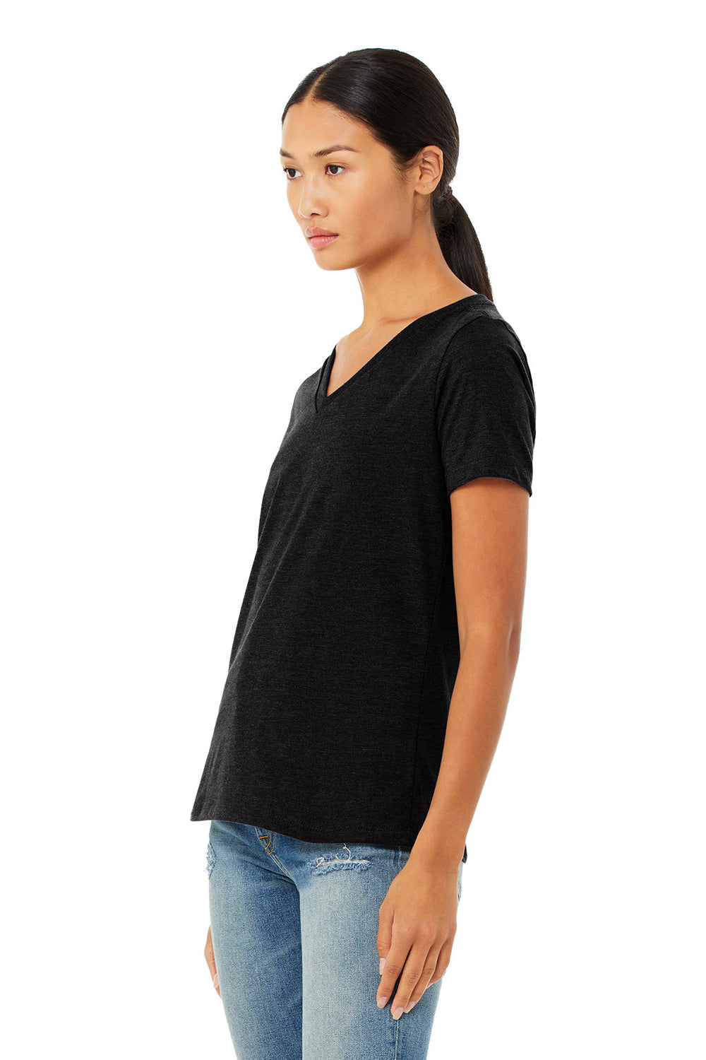 Bella + Canvas BC6405CVC Womens CVC Short Sleeve V-Neck T-Shirt Solid Black Model 3Q