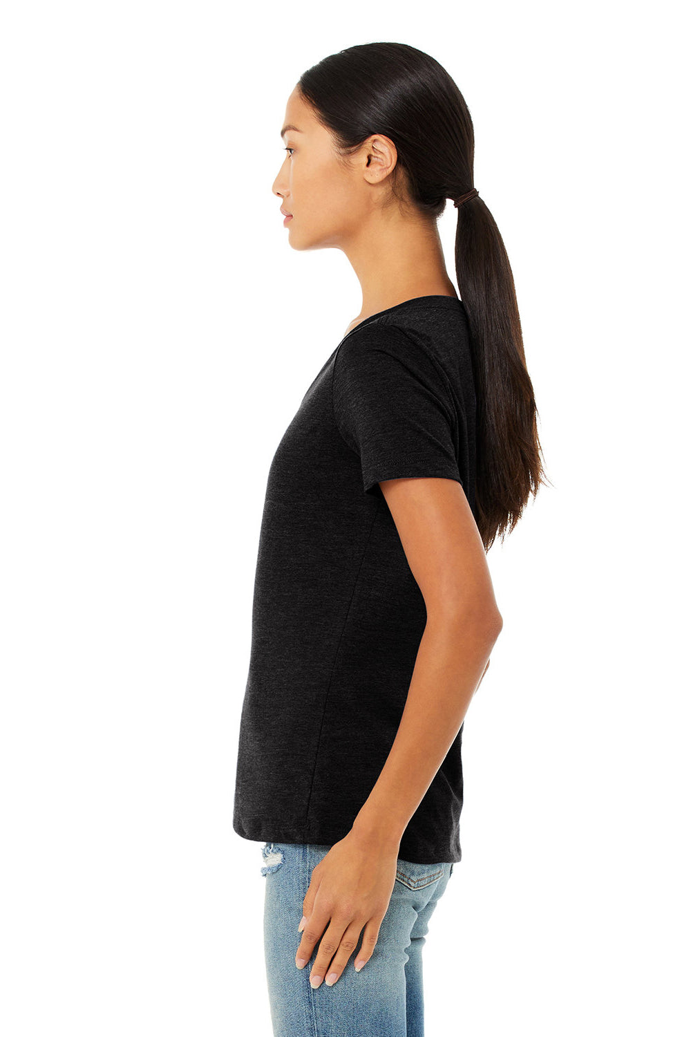 Bella + Canvas BC6405CVC Womens CVC Short Sleeve V-Neck T-Shirt Solid Black Model Side