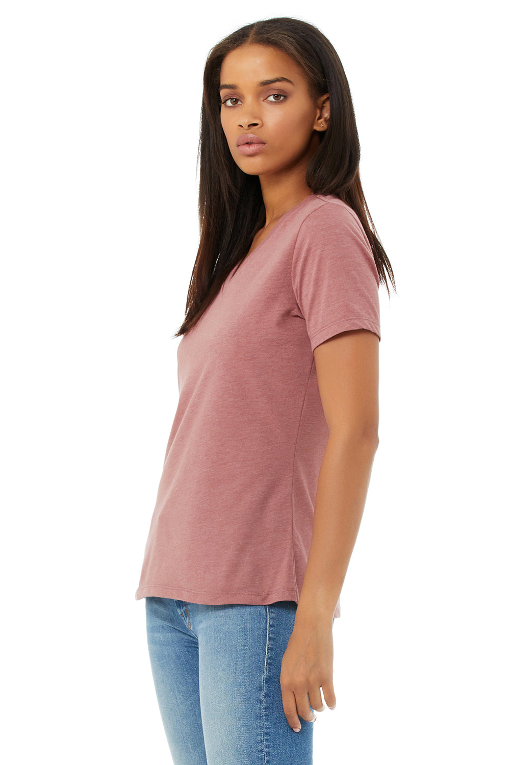 Bella + Canvas BC6405CVC Womens CVC Short Sleeve V-Neck T-Shirt Heather Mauve Model 3Q