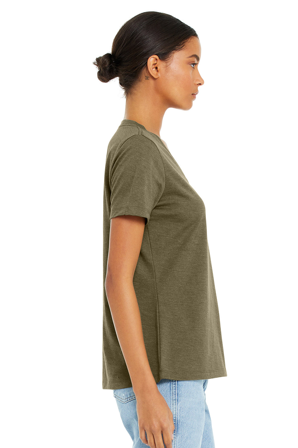 Bella + Canvas BC6405CVC Womens CVC Short Sleeve V-Neck T-Shirt Heather Olive Green Model Side