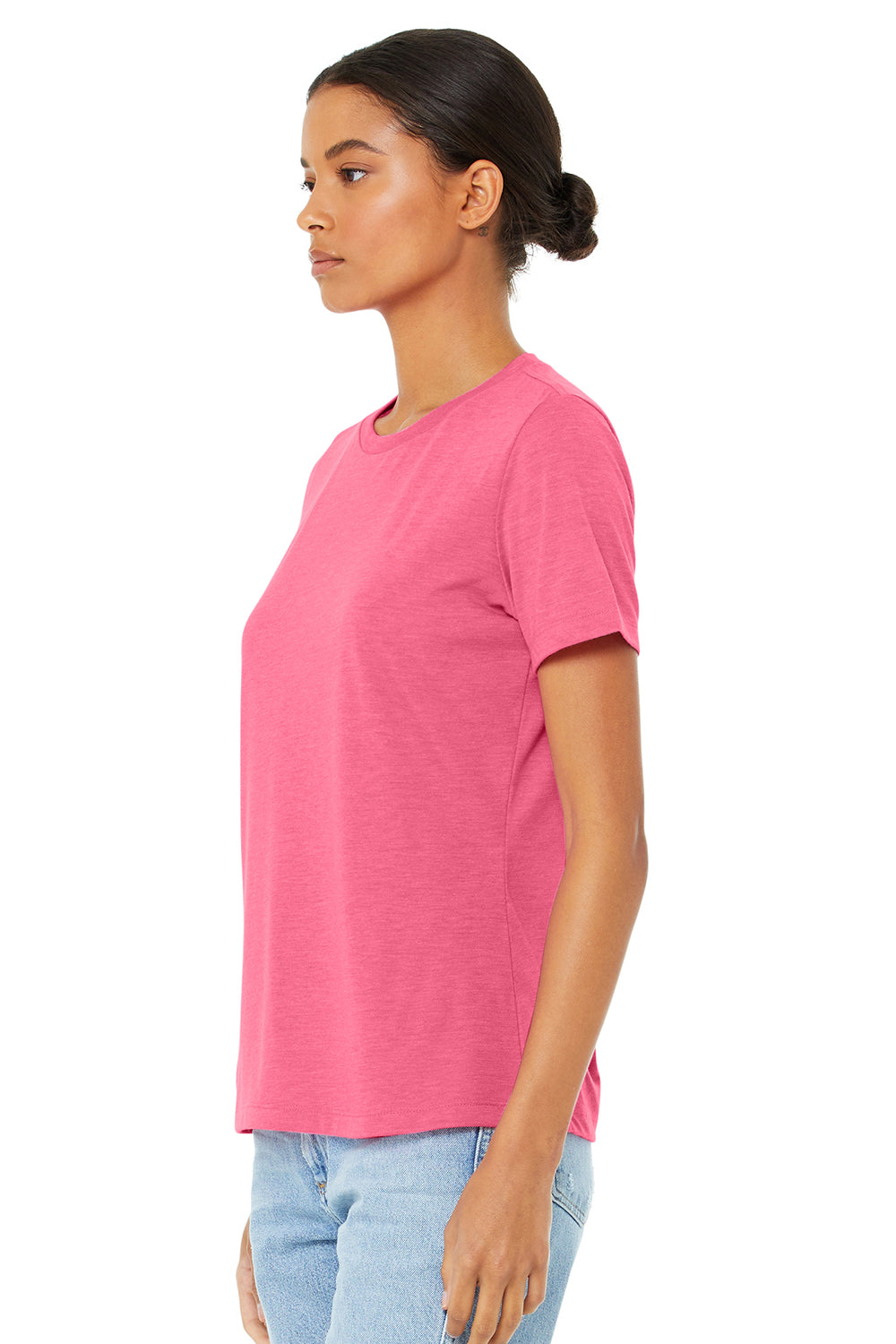 Bella + Canvas BC6413 Womens Short Sleeve Crewneck T-Shirt Charity Pink Model 3Q