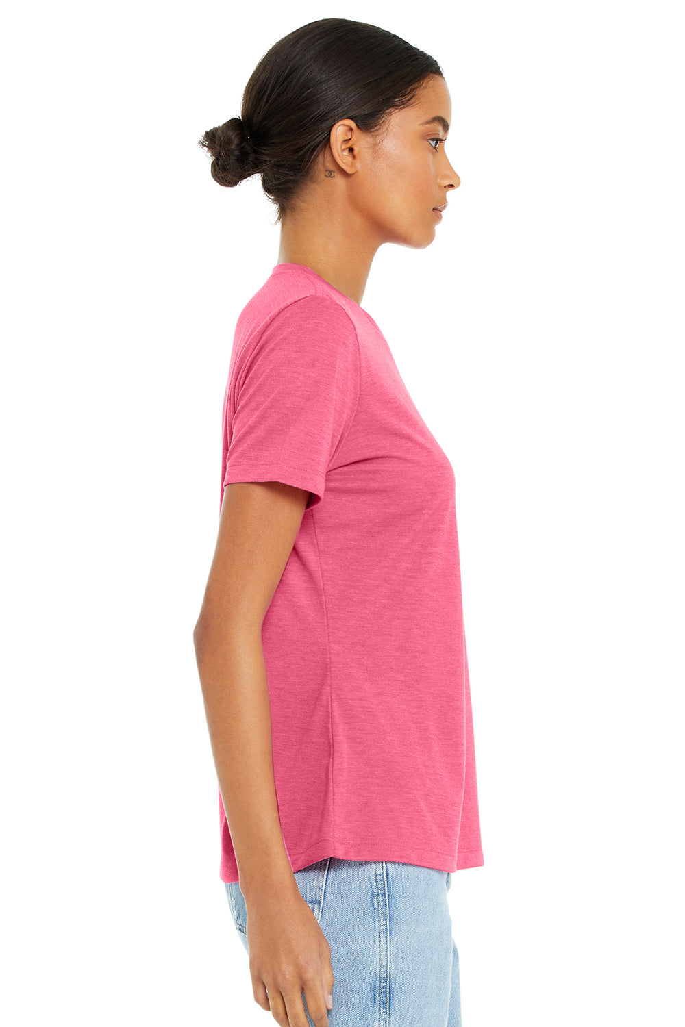 Bella + Canvas BC6413 Womens Short Sleeve Crewneck T-Shirt Charity Pink Model Side