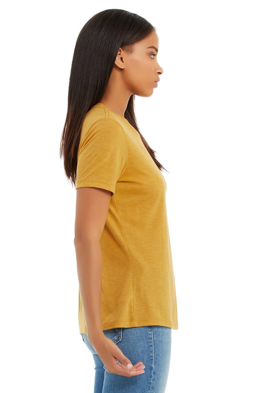 Bella + Canvas BC6413 Womens Short Sleeve Crewneck T-Shirt Mustard Yellow Model Side