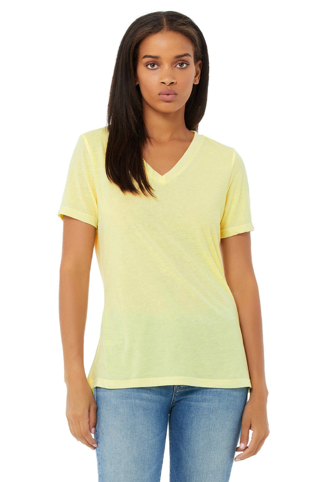 Bella + Canvas BC6415/6415 Womens Short Sleeve V-Neck T-Shirt Pale Yellow Model Front