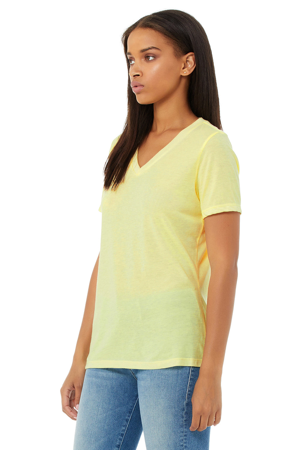 Bella + Canvas BC6415 Womens Short Sleeve V-Neck T-Shirt Pale Yellow Model 3Q