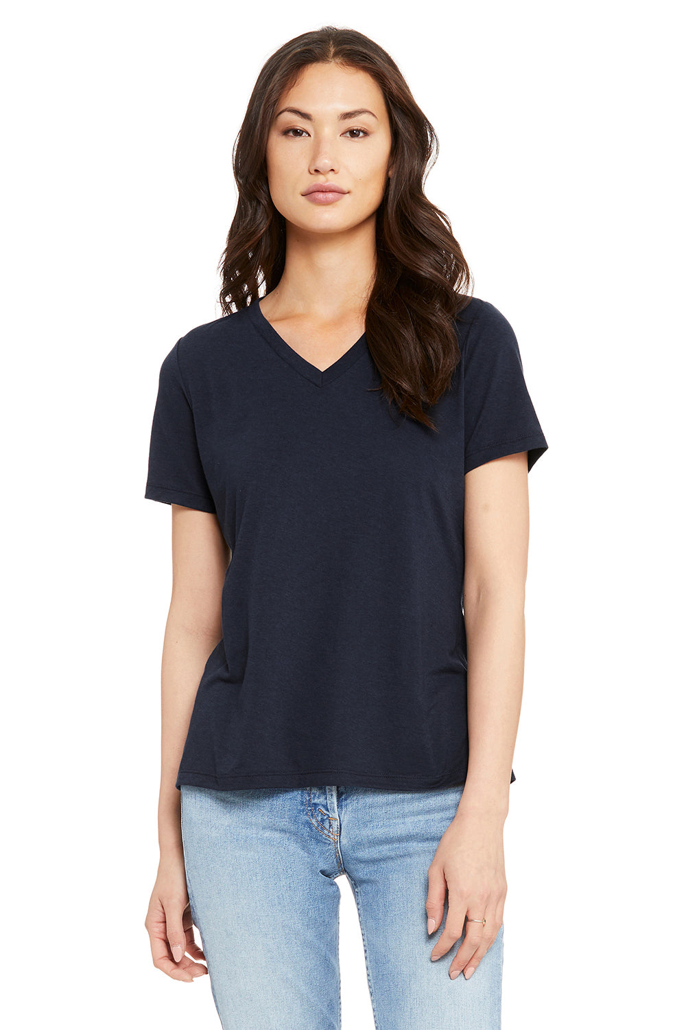 Bella + Canvas BC6415 Womens Short Sleeve V-Neck T-Shirt Solid Navy Blue Model 3Q