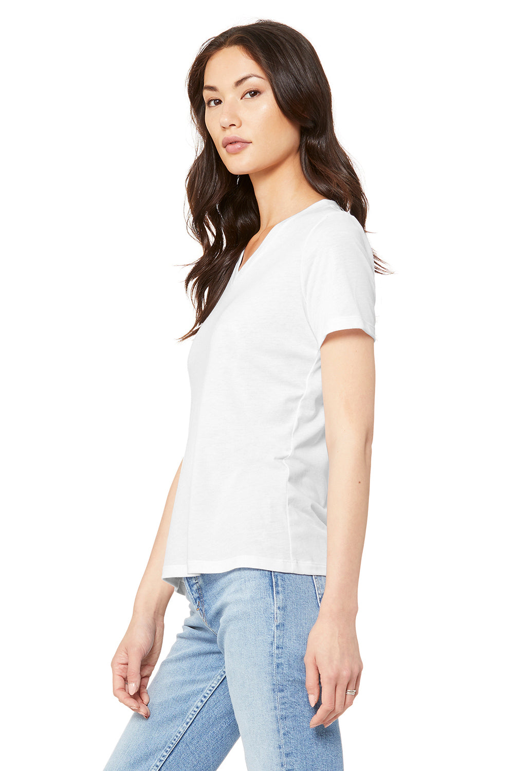 Bella + Canvas BC6415 Womens Short Sleeve V-Neck T-Shirt Solid White Model 3Q