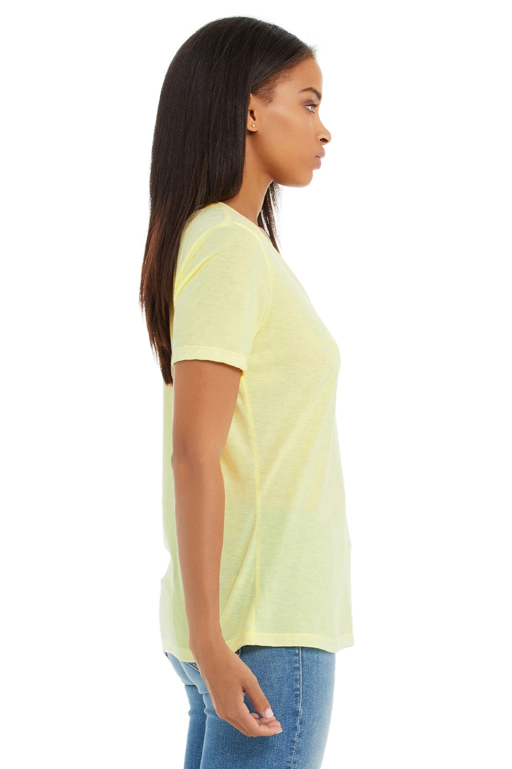 Bella + Canvas BC6415/6415 Womens Short Sleeve V-Neck T-Shirt Pale Yellow Model Side