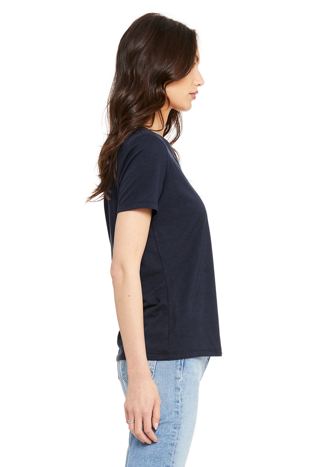 Bella + Canvas BC6415 Womens Short Sleeve V-Neck T-Shirt Solid Navy Blue Model Side