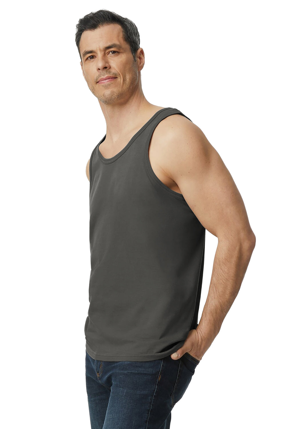 Gildan 64200 Mens Softstyle Tank Top Charcoal Grey Model Side
