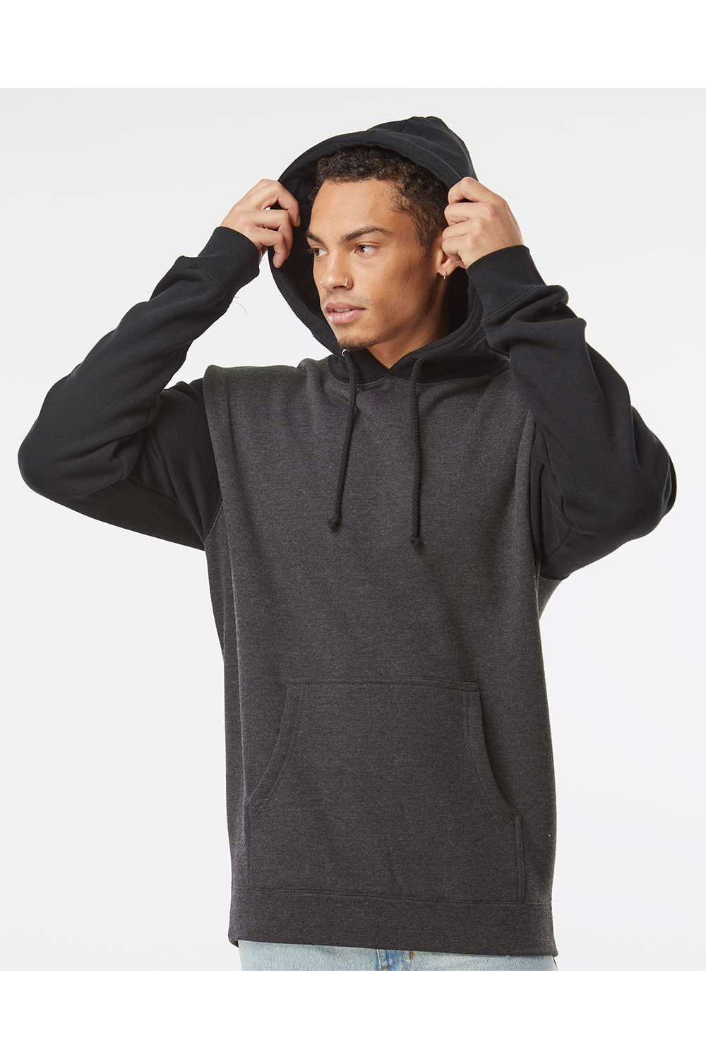Independent Trading Co. IND4000 Mens Hooded Sweatshirt Hoodie Heather Charcoal Grey/Black Model Front