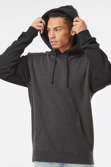 Independent Trading Company IND4000 Mens Hooded Sweatshirt Hoodie w/ Pouch Pocket Heather Charcoal Grey/Black Model Front