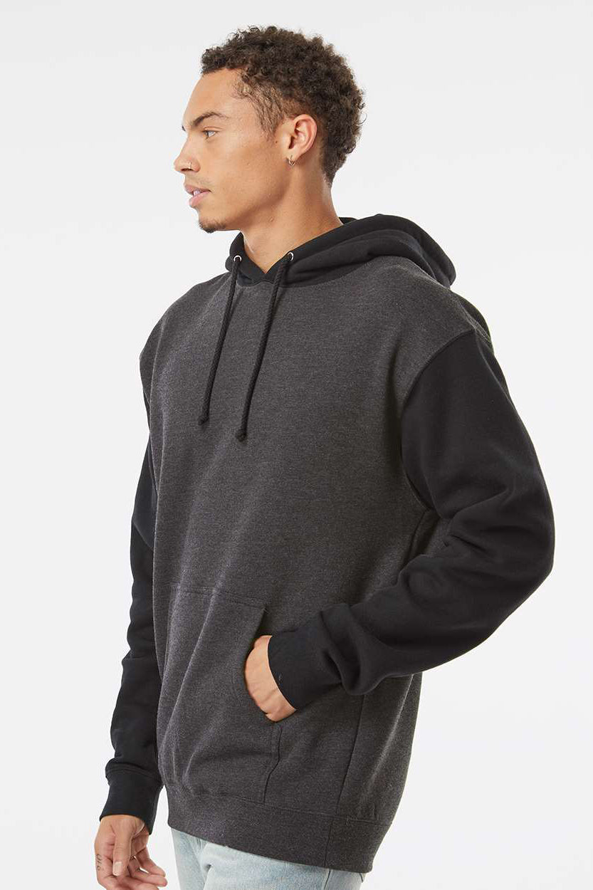 Independent Trading Company IND4000 Mens Hooded Sweatshirt Hoodie w/ Pouch Pocket Heather Charcoal Grey/Black Model Side