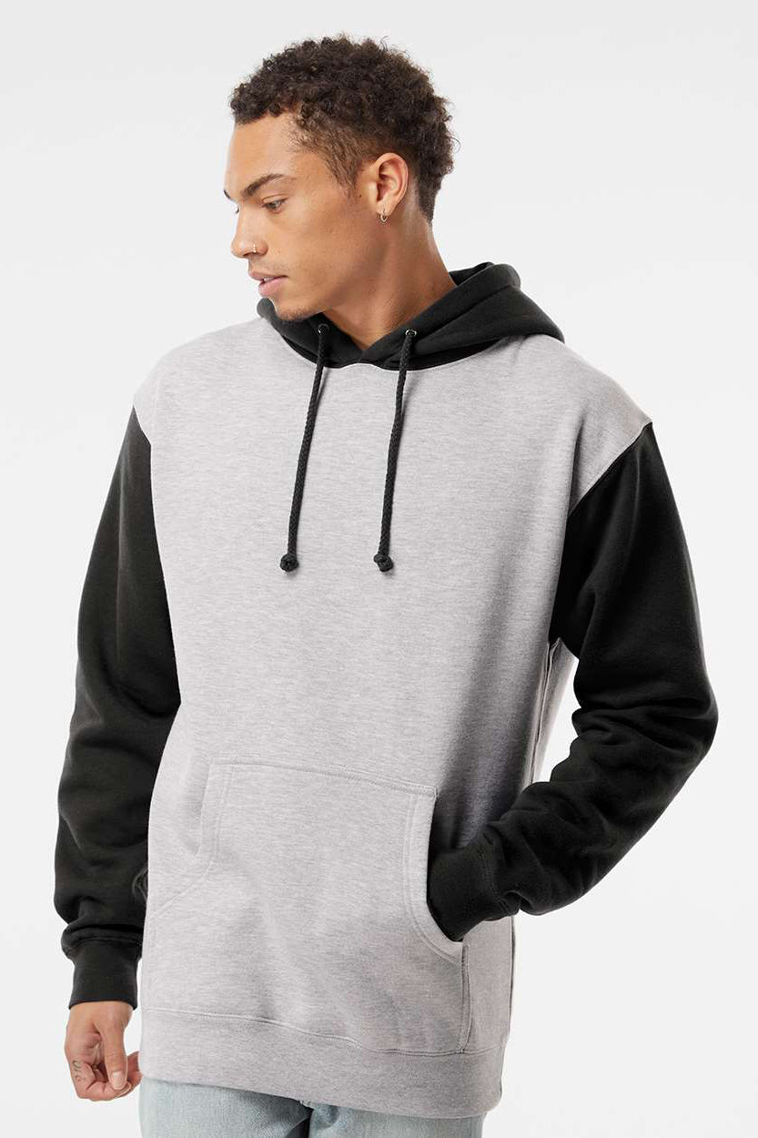 Independent Trading Company IND4000 Mens Hooded Sweatshirt Hoodie w/ Pouch Pocket Heather Grey/Black Model Front