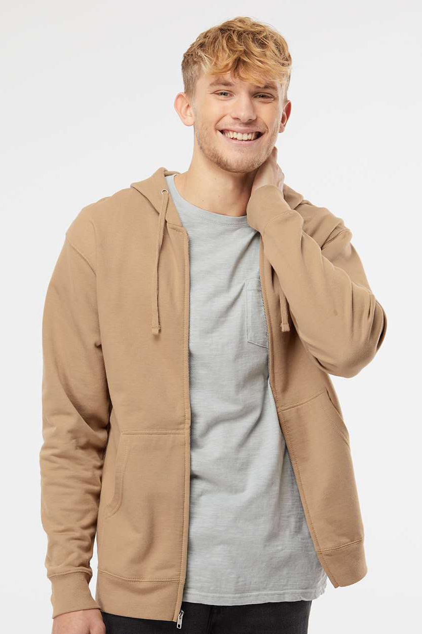 Independent Trading Company SS4500Z Mens Full Zip Hooded Sweatshirt Hoodie w/ Pockets Sandstone Brown Model Front