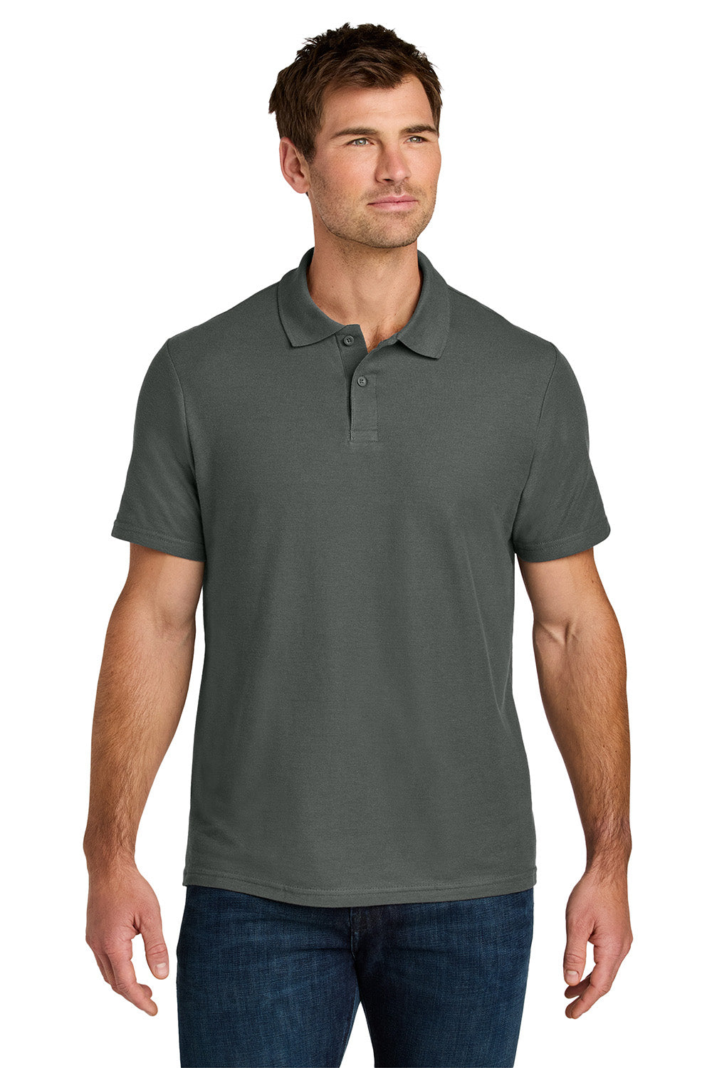 Gildan 64800 Mens Softstyle Pique Short Sleeve Polo Shirt Charcoal Grey Model Front