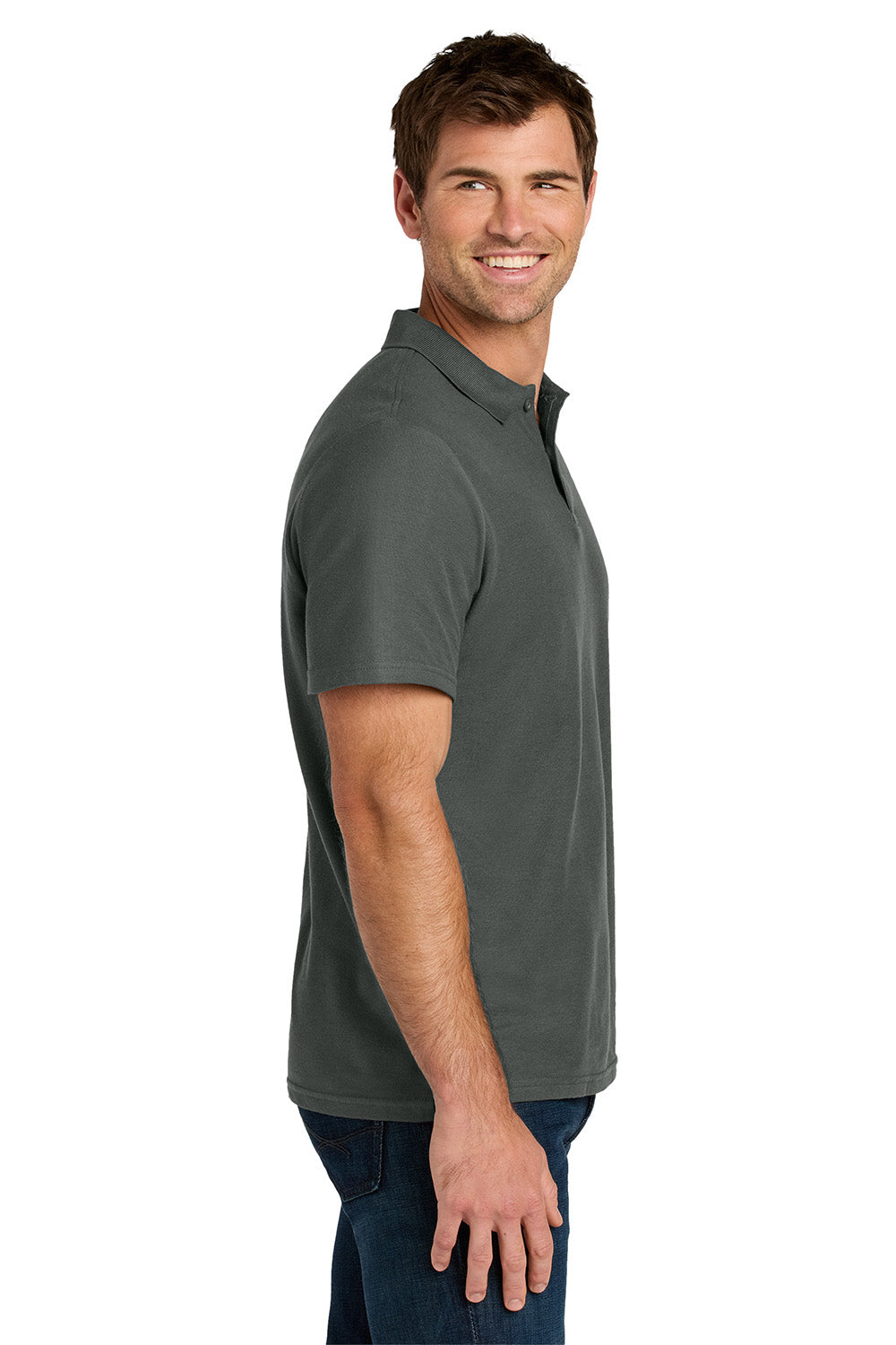 Gildan 64800 Mens Softstyle Pique Short Sleeve Polo Shirt Charcoal Grey Model Side