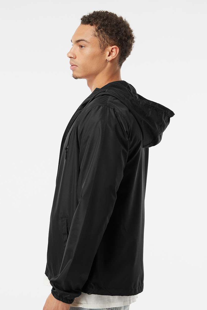 Independent Trading Company EXP54LWZ Mens Water Resistant Full Zip Windbreaker Hooded Jacket Black Model Side