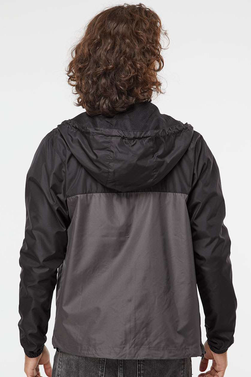 Independent Trading Company EXP54LWZ Mens Water Resistant Full Zip Windbreaker Hooded Jacket Black/Graphite Grey Model Back