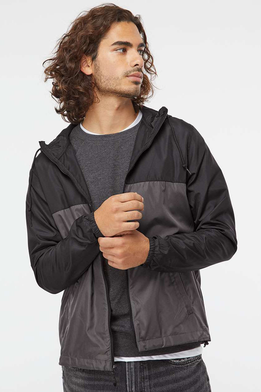 Independent Trading Company EXP54LWZ Mens Water Resistant Full Zip Windbreaker Hooded Jacket Black/Graphite Grey Model Front