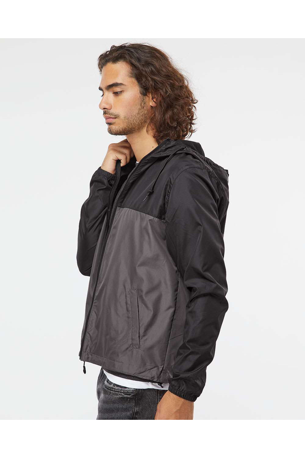 Independent Trading Co. EXP54LWZ Mens Full Zip Windbreaker Hooded Jacket Black/Graphite Grey Model Side