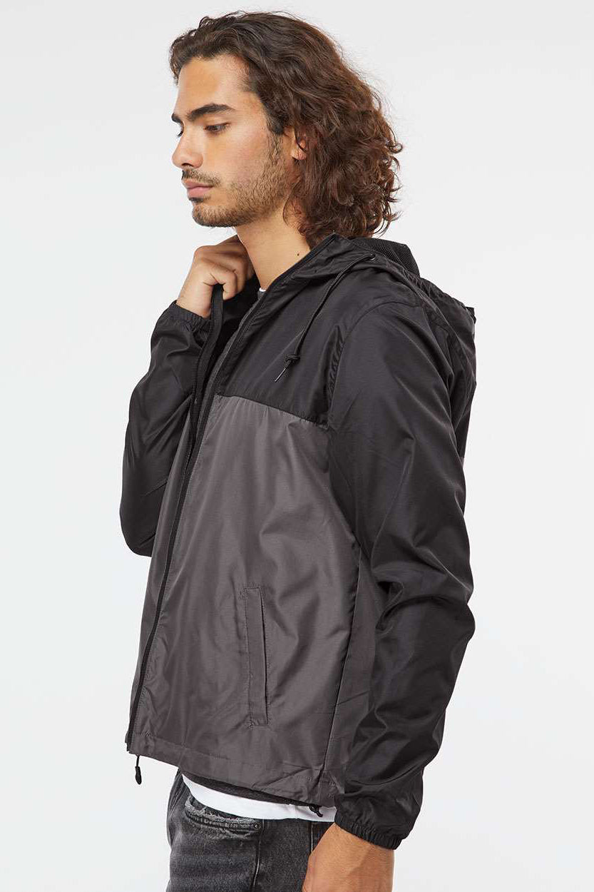 Independent Trading Company EXP54LWZ Mens Water Resistant Full Zip Windbreaker Hooded Jacket Black/Graphite Grey Model Side