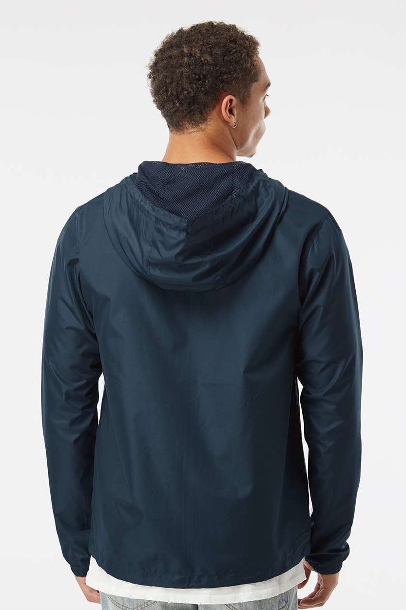 Independent Trading Company EXP54LWZ Mens Water Resistant Full Zip Windbreaker Hooded Jacket Classic Navy Blue Model Back