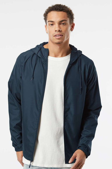 Independent Trading Company EXP54LWZ Mens Water Resistant Full Zip Windbreaker Hooded Jacket Classic Navy Blue Model Front