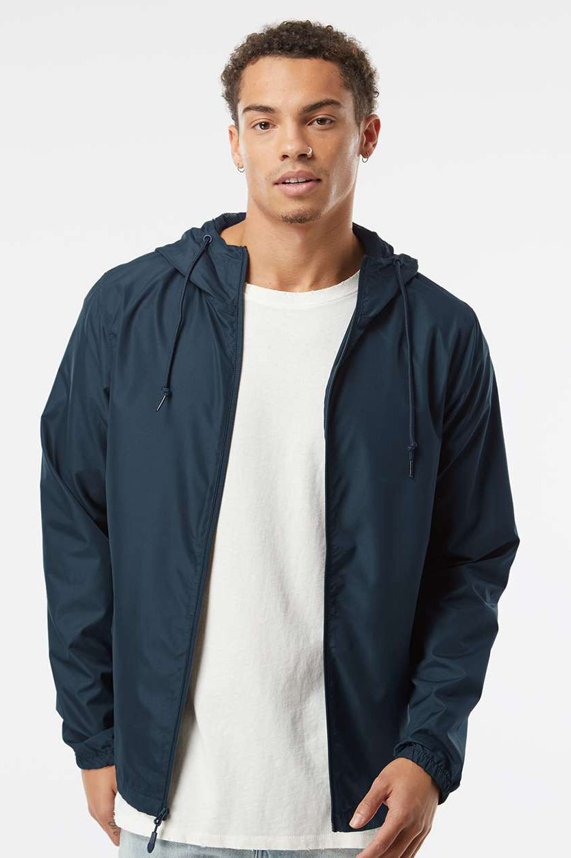 Independent Trading Company EXP54LWZ Mens Water Resistant Full Zip Windbreaker Hooded Jacket Classic Navy Blue Model Front