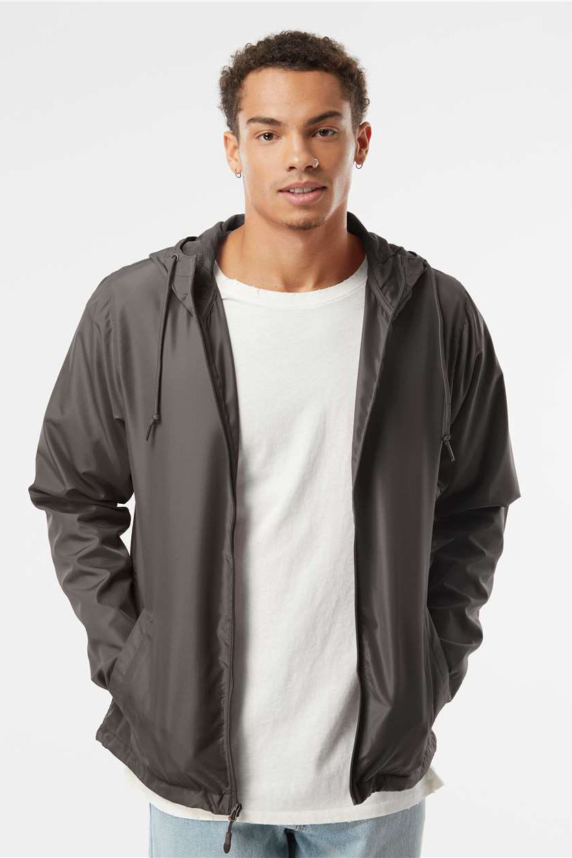 Independent Trading Company EXP54LWZ Mens Water Resistant Full Zip Windbreaker Hooded Jacket Graphite Grey Model Front