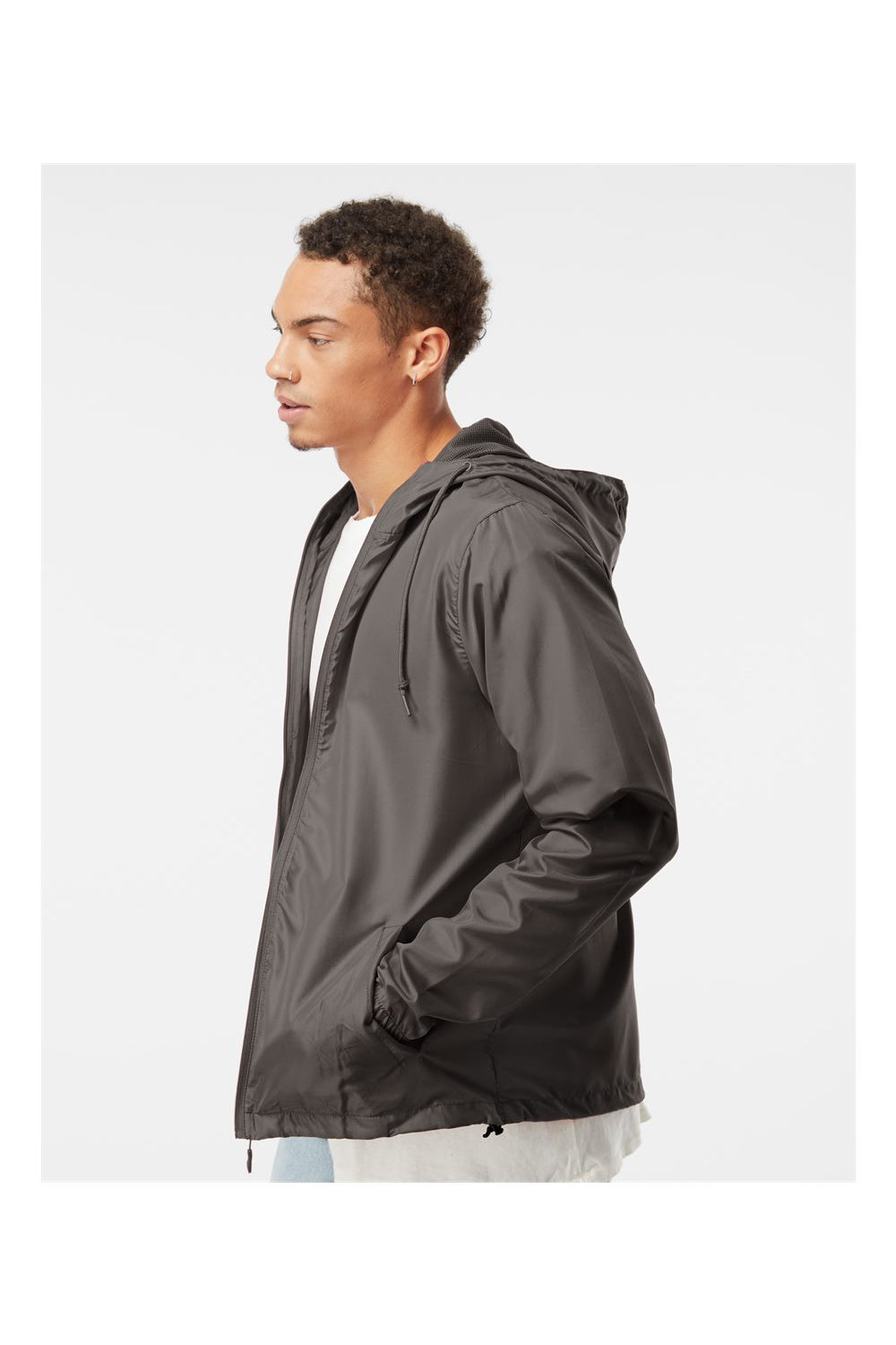 Independent Trading Co. EXP54LWZ Mens Full Zip Windbreaker Hooded Jacket Graphite Grey Model Side