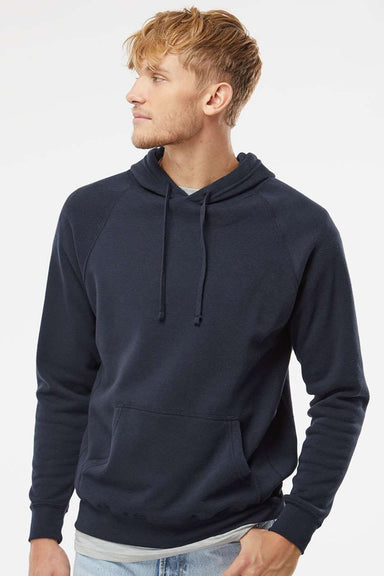 Independent Trading Company PRM33SBP Mens Special Blend Raglan Hooded Sweatshirt Hoodie w/ Pouch Pocket Classic Navy Blue Model Front