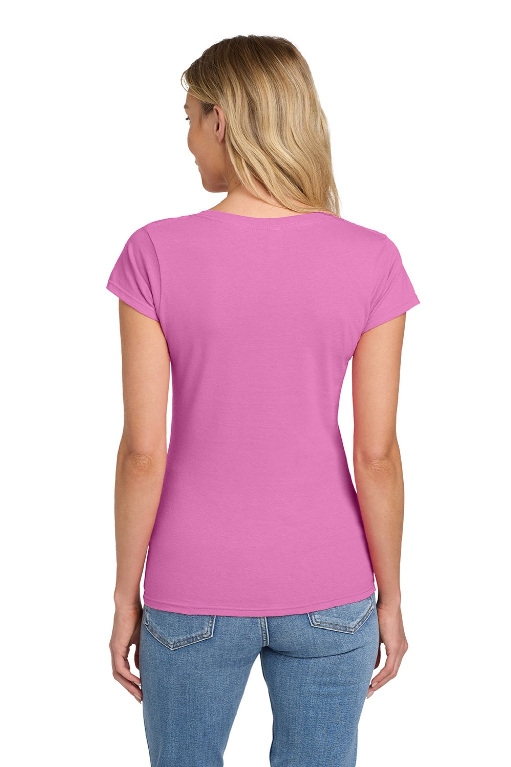 Gildan 64V00L Womens Softstyle Short Sleeve V-Neck T-Shirt Azalea Pink Model Back