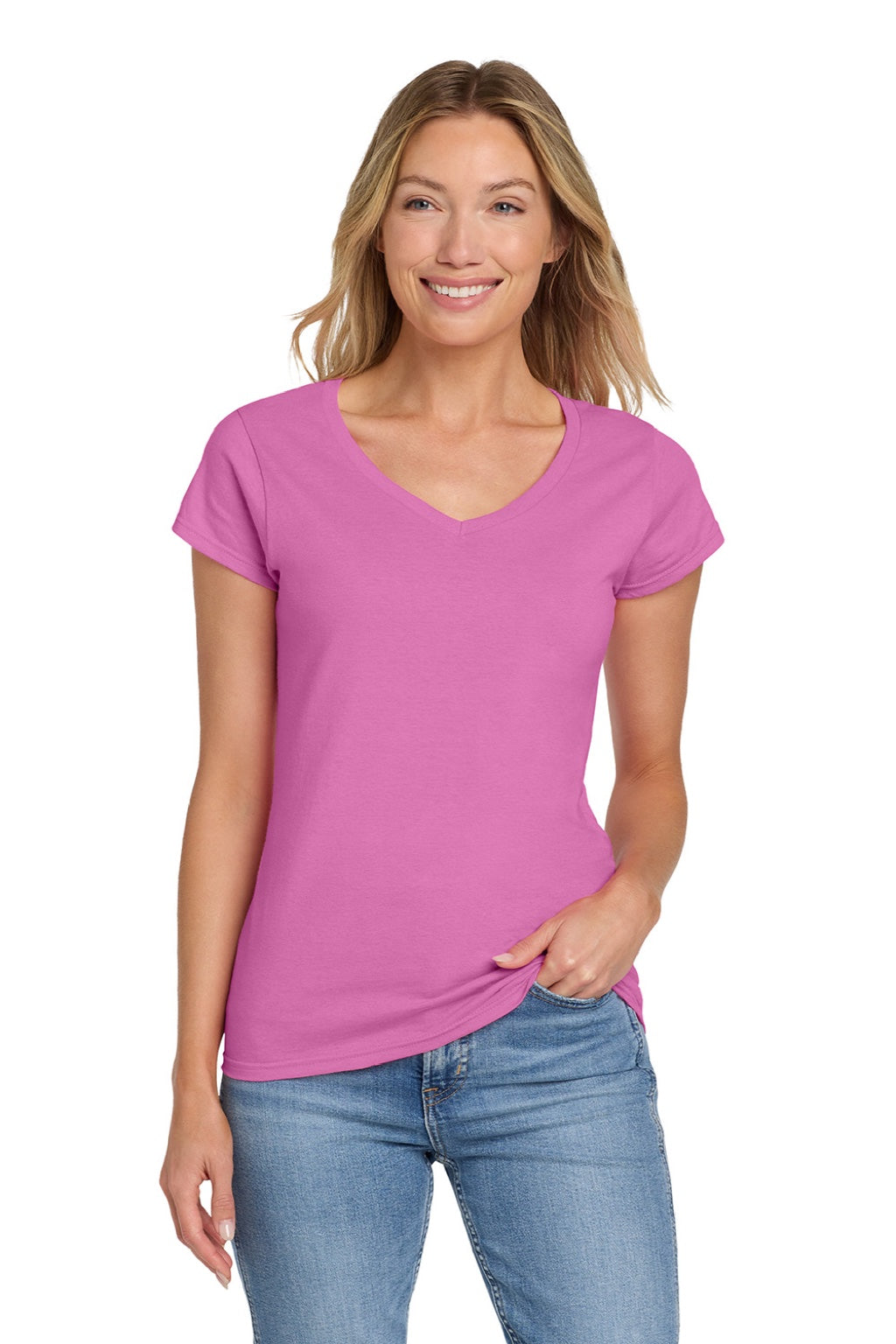 Gildan 64V00L Womens Softstyle Short Sleeve V-Neck T-Shirt Azalea Pink Model Front