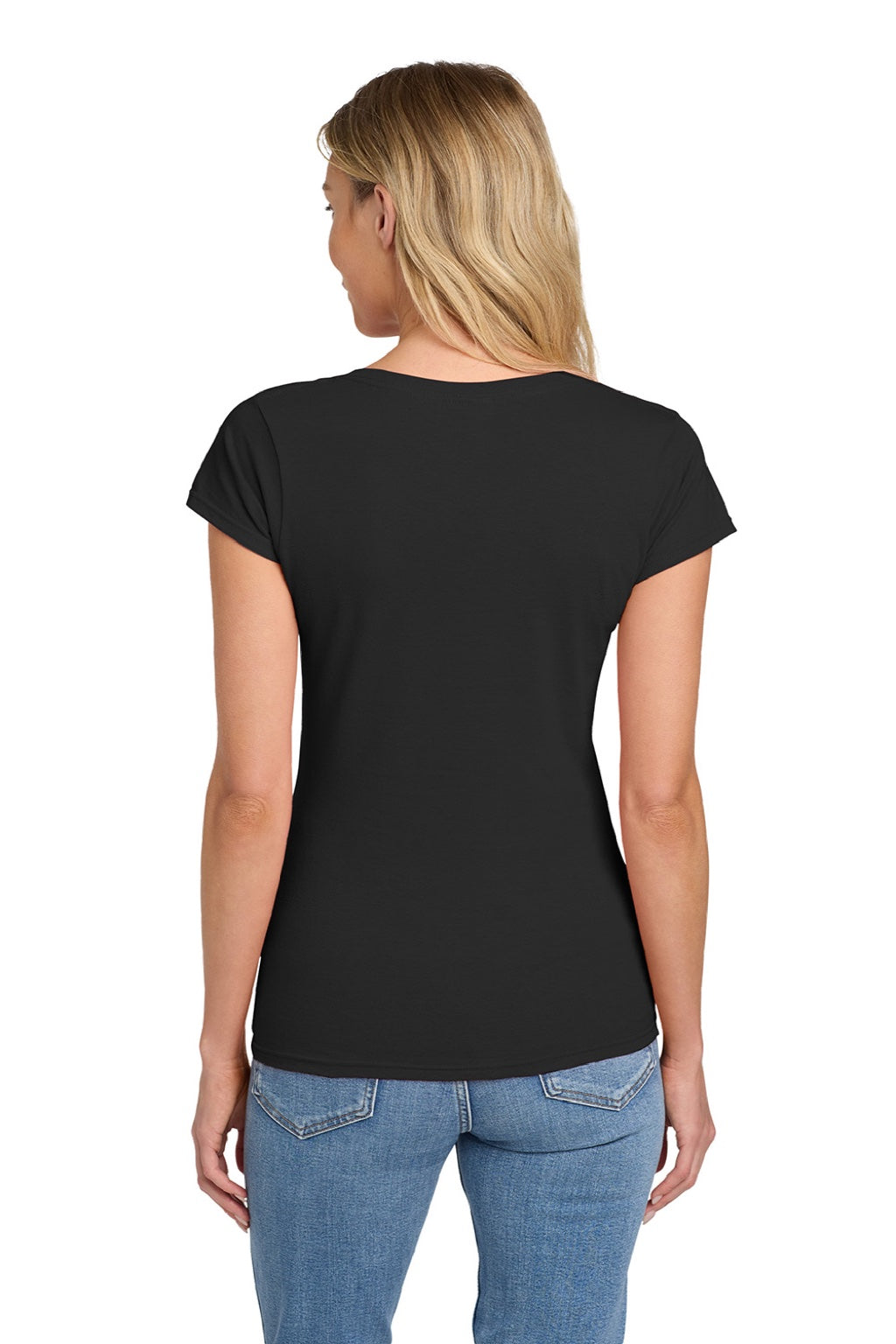 Gildan 64V00L Womens Softstyle Short Sleeve V-Neck T-Shirt Black Model Back