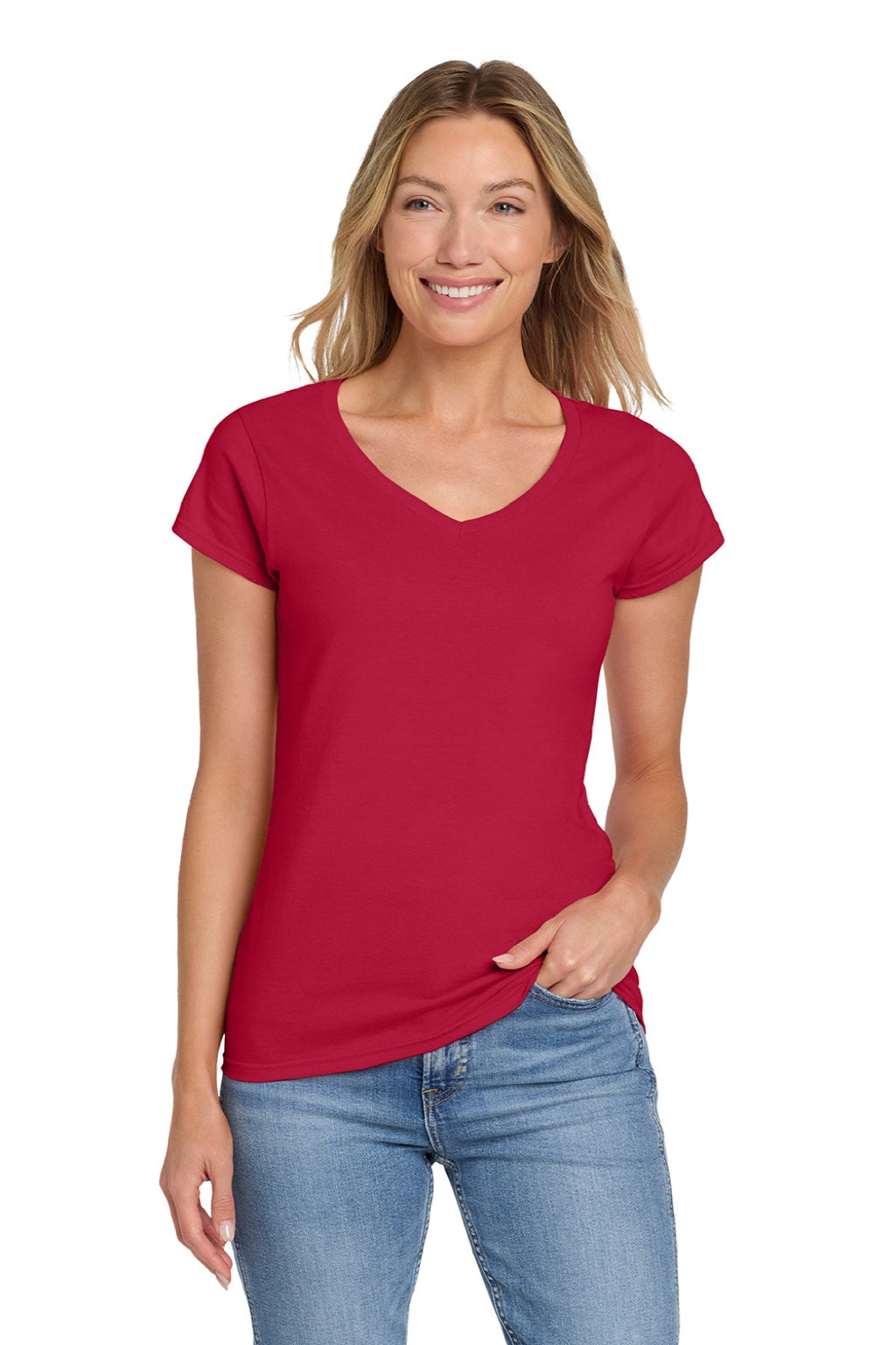 Gildan 64V00L Womens Softstyle Short Sleeve V-Neck T-Shirt Cherry Red Model Front