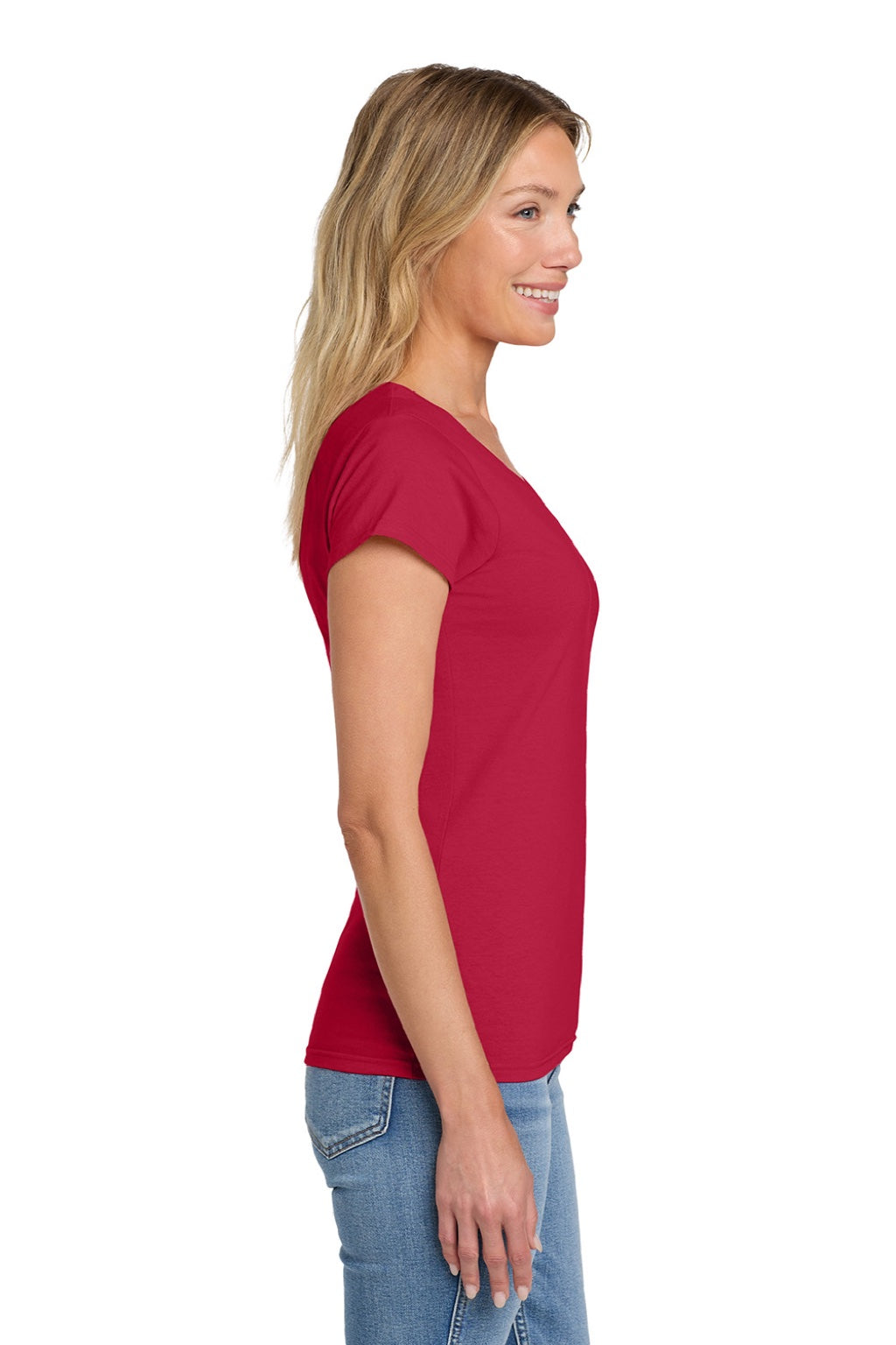Gildan 64V00L Womens Softstyle Short Sleeve V-Neck T-Shirt Cherry Red Model Side