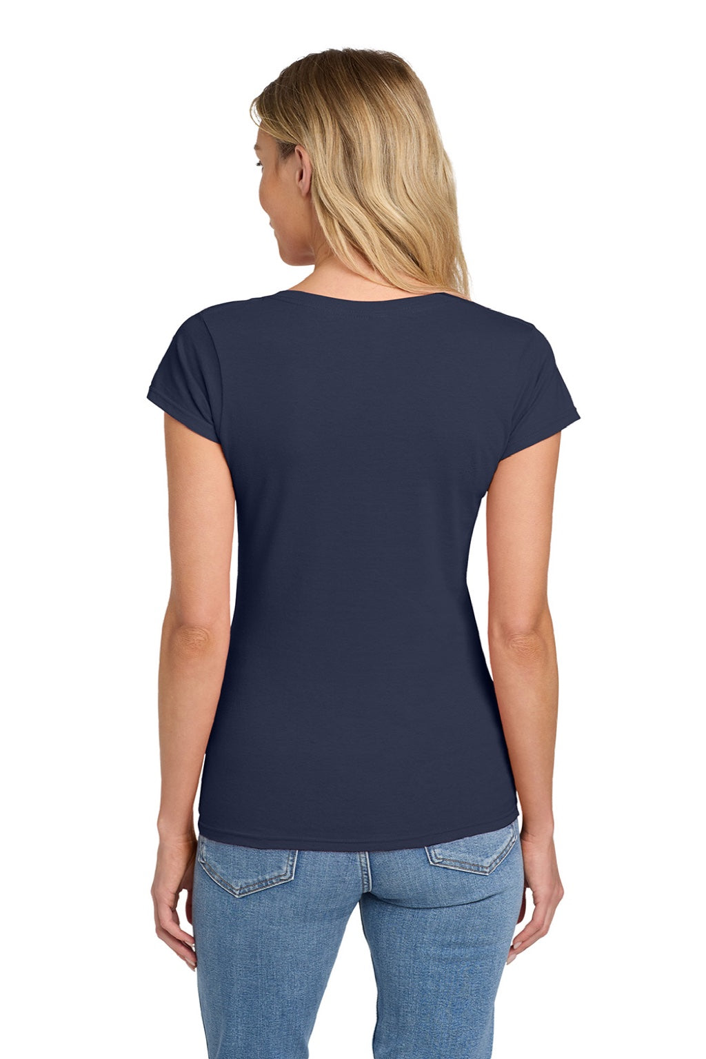 Gildan 64V00L Womens Softstyle Short Sleeve V-Neck T-Shirt Navy Blue Model Back