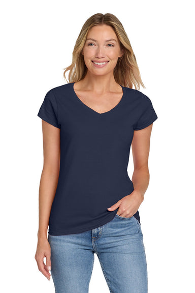 Gildan 64V00L Womens Softstyle Short Sleeve V-Neck T-Shirt Navy Blue Model Front