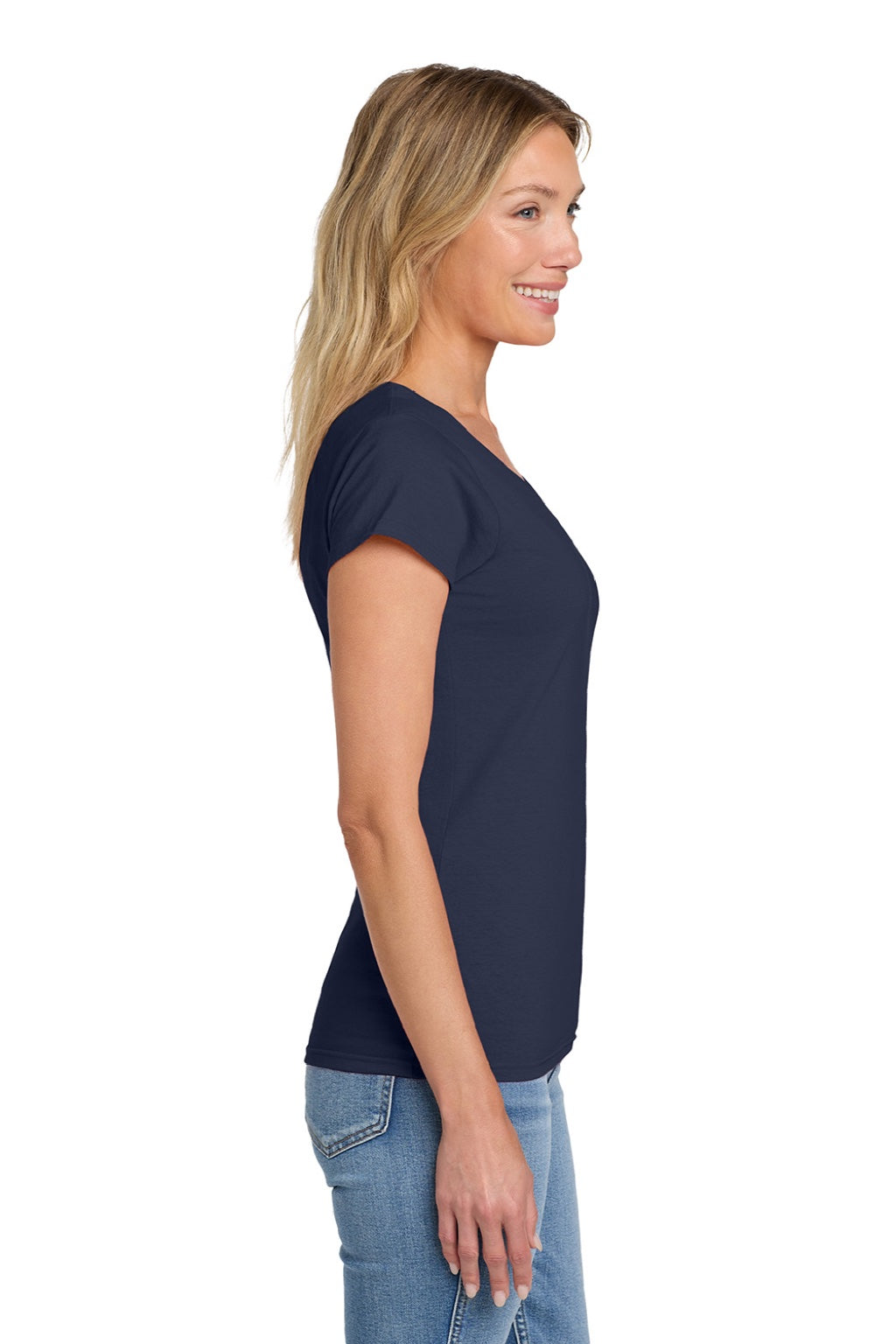 Gildan 64V00L Womens Softstyle Short Sleeve V-Neck T-Shirt Navy Blue Model Side