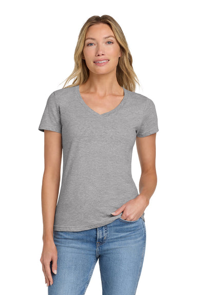 Gildan 64V00L Womens Softstyle Short Sleeve V-Neck T-Shirt Sport Grey Model Front