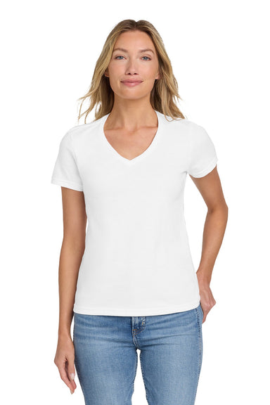 Gildan 64V00L Womens Softstyle Short Sleeve V-Neck T-Shirt White Model Front