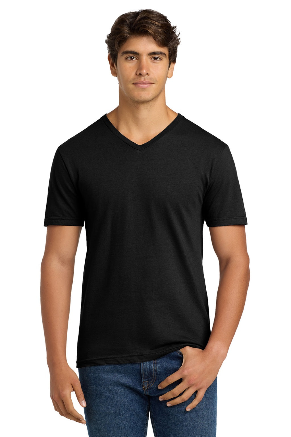 Gildan 64V00 Mens Softstyle Short Sleeve V-Neck T-Shirt Black Model Front