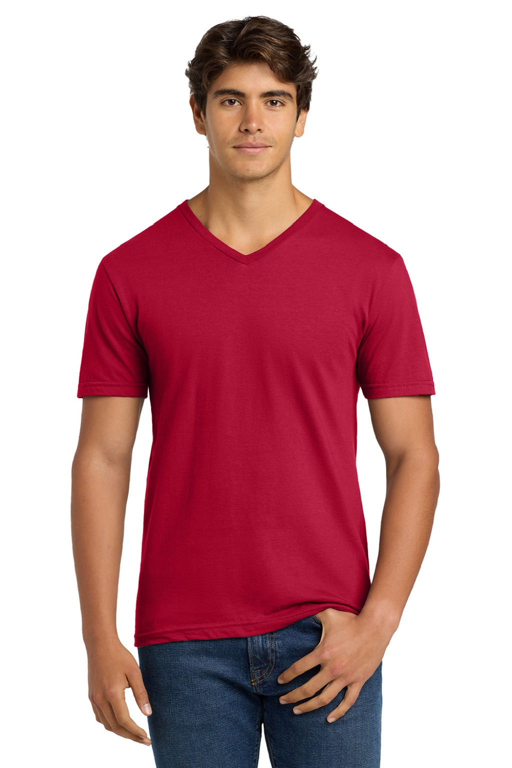 Gildan 64V00 Mens Softstyle Short Sleeve V-Neck T-Shirt Cherry Red Model Front